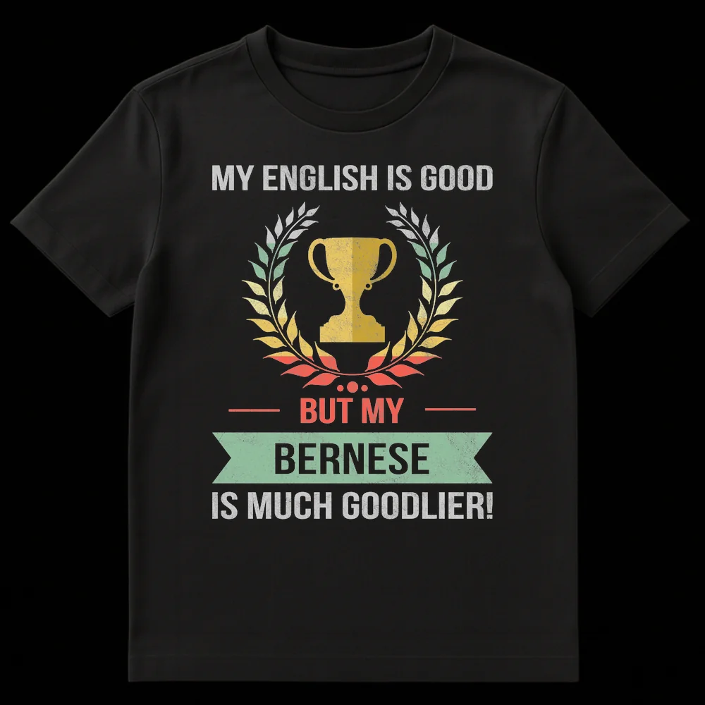 Bernese Mountain Dog Lover Funny Grammar Joke T-Shirt with trophy and laurel wreath on Black t-shirt