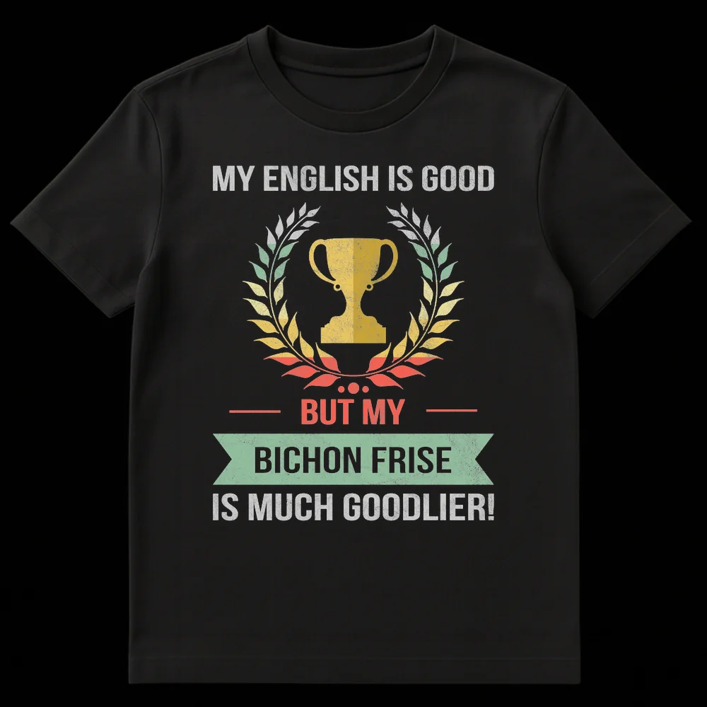 Vintage distressed black t-shirt with 'MY ENGLISH IS GOOD BUT MY BICHON FRISE IS MUCH GOODLIER!' text, a trophy, and laurel wreath. on Black t-shirt