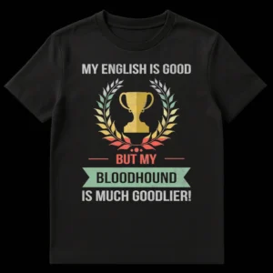 Retro vintage distressed t-shirt with a trophy and laurel wreath, featuring the text 'MY ENGLISH IS GOOD BUT MY BLOODHOUND IS MUCH GOODLIER!' on a black background. on Black t-shirt