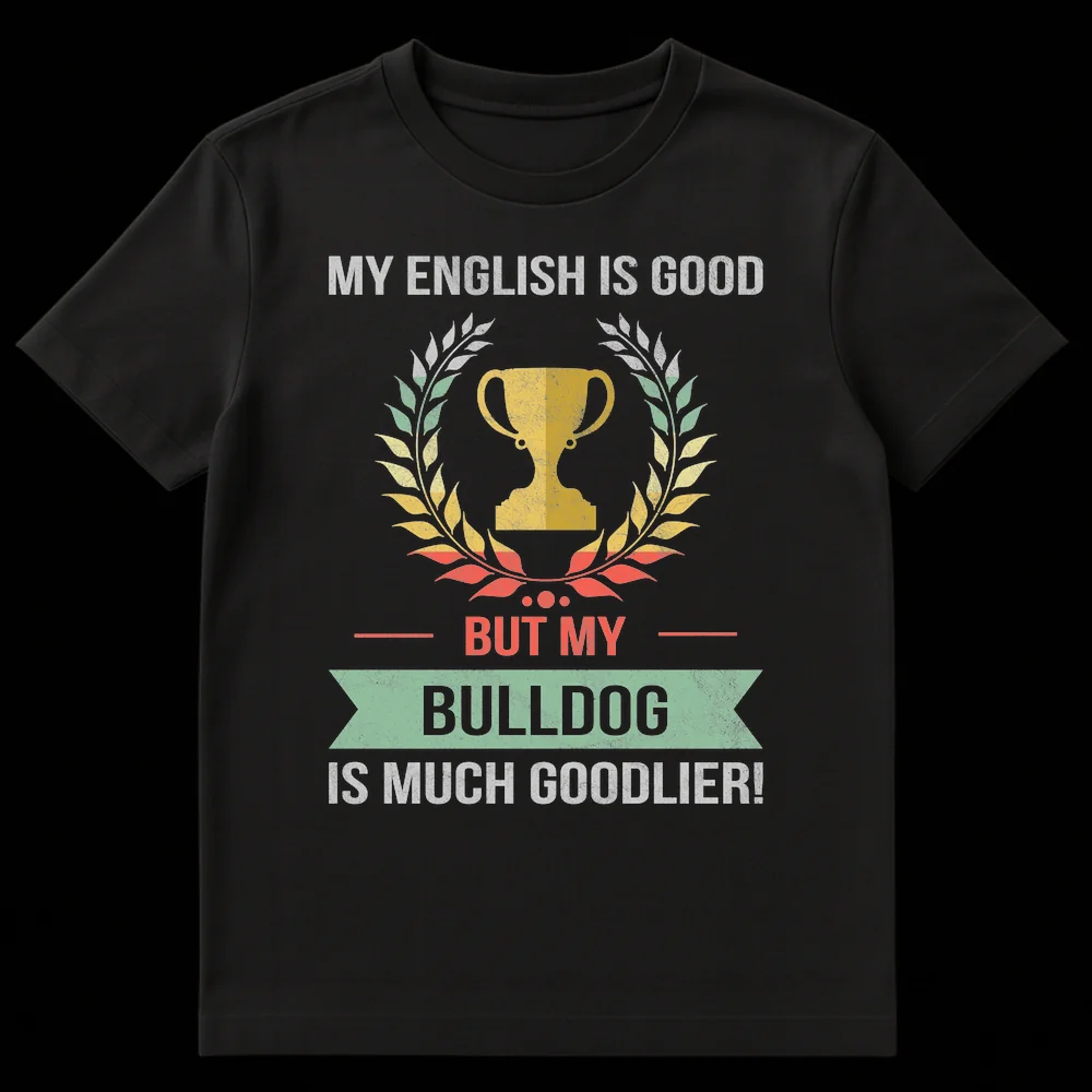 Humorous 'MY ENGLISH IS GOOD BUT MY BULLDOG IS MUCH GOODLIER!' t-shirt featuring a trophy and laurel wreath, perfect for Bulldog owners. on Black t-shirt