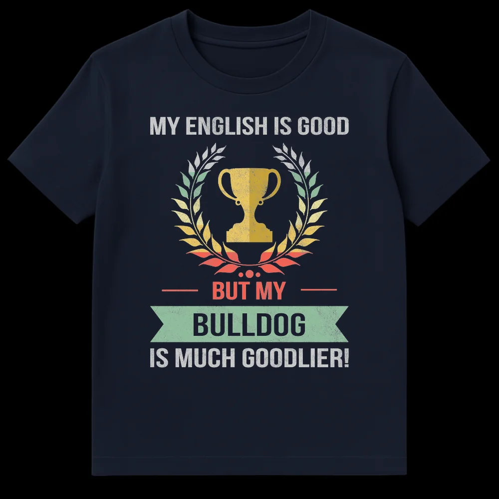 Humorous 'MY ENGLISH IS GOOD BUT MY BULLDOG IS MUCH GOODLIER!' t-shirt featuring a trophy and laurel wreath, perfect for Bulldog owners. on Navy Blue t-shirt