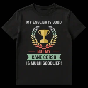 Vintage distressed t-shirt with 'MY ENGLISH IS GOOD BUT MY CANE CORSO IS MUCH GOODLIER!' text, a trophy, and laurel wreath. on Black t-shirt