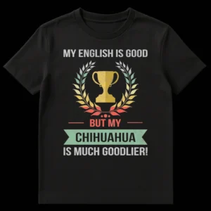 Vintage distressed black t-shirt with 'MY ENGLISH IS GOOD BUT MY CHIHUAHUA IS MUCH GOODLIER!' text, a trophy, and a laurel wreath graphic. on Black t-shirt