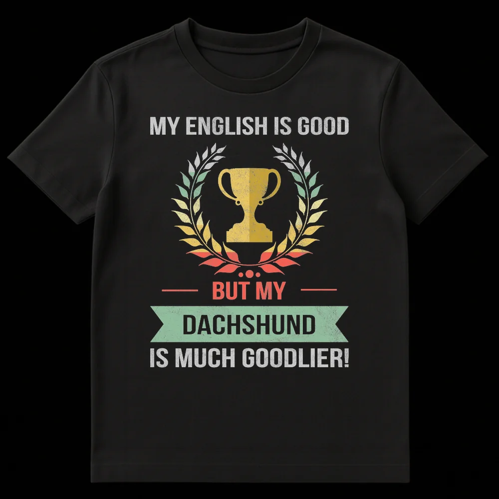 Vintage distressed black t-shirt with a golden trophy and laurel wreath, and the text "MY ENGLISH IS GOOD BUT MY DACHSHUND IS MUCH GOODLIER!" in light gray, muted red, and muted green colors. on Black t-shirt