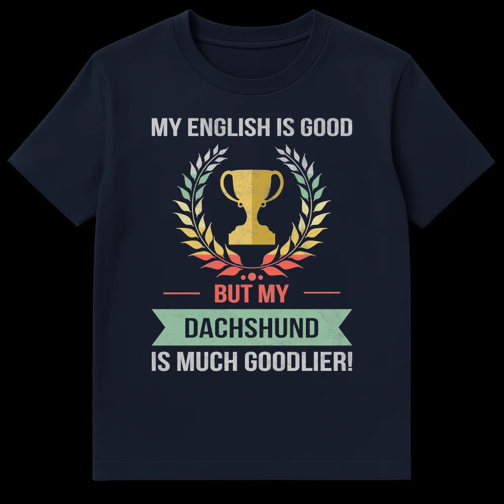 Vintage distressed black t-shirt with a golden trophy and laurel wreath, and the text "MY ENGLISH IS GOOD BUT MY DACHSHUND IS MUCH GOODLIER!" in light gray, muted red, and muted green colors. on Navy Blue t-shirt