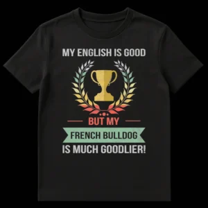 Humorous French Bulldog t-shirt with a trophy and "MY ENGLISH IS GOOD BUT MY FRENCH BULLDOG IS MUCH GOODLIER!" text on Black t-shirt