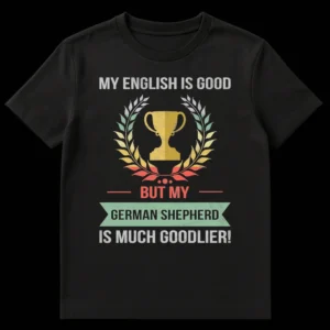 Humorous German Shepherd t-shirt with a distressed vintage design featuring a trophy and laurel wreath. Text reads: MY ENGLISH IS GOOD BUT MY GERMAN SHEPHERD IS MUCH GOODLIER! on Black t-shirt