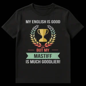 Distressed vintage t-shirt featuring a trophy and laurel wreath with text 'MY ENGLISH IS GOOD BUT MY MASTIFF IS MUCH GOODLIER!' in muted earthy tones on a black background. on Black t-shirt