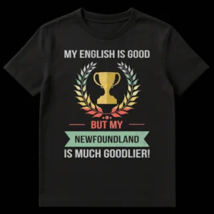 Humorous Newfoundland Dog t-shirt with 'My English is Good But My Newfoundland is Much Goodlier!' slogan, featuring a vintage trophy and laurel wreath design. on Black t-shirt