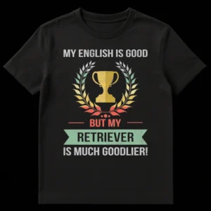 Vintage distressed t-shirt with text 'MY ENGLISH IS GOOD BUT MY RETRIEVER IS MUCH GOODLIER!' and a trophy-wreath graphic. on Black t-shirt