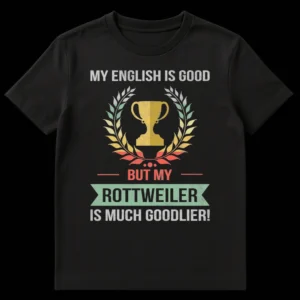 Distressed vintage t-shirt with text 'MY ENGLISH IS GOOD BUT MY ROTTWEILER IS MUCH GOODLIER!' and a trophy graphic. on Black t-shirt