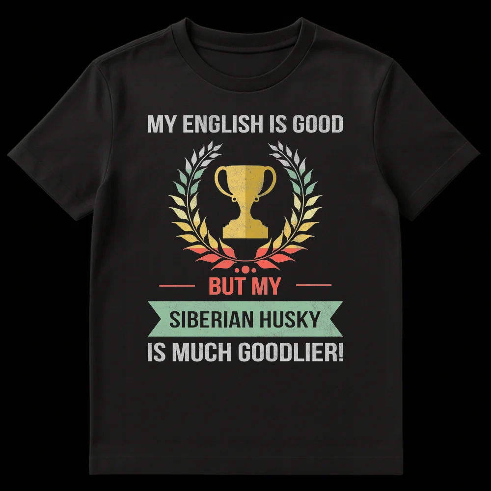 Distressed retro 'My English Is Good But My Siberian Husky Is Much Goodlier!' t-shirt with a golden trophy and laurel wreath. on Black t-shirt