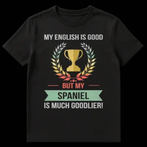 Vintage distressed black t-shirt with a humorous design featuring the text "MY ENGLISH IS GOOD BUT MY SPANIEL IS MUCH GOODLIER!", a trophy, and a laurel wreath, in muted vintage colors. on Black t-shirt