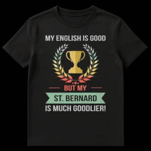 Vintage distressed black t-shirt with text 'MY ENGLISH IS GOOD BUT MY ST. BERNARD IS MUCH GOODLIER!' and a trophy laurel design. on Black t-shirt