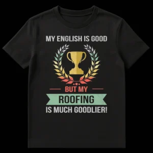 Vintage distressed t-shirt with 'My Roofing Is Much Goodlier!' text, trophy, and laurel wreath on a black background. on Black t-shirt