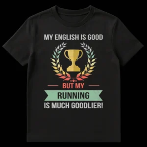 Vintage distressed black t-shirt with 'My English Is Good But My Running Is Much Goodlier!' text and trophy graphic on Black t-shirt