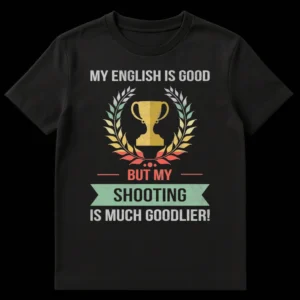 T-shirt with 'MY ENGLISH IS GOOD BUT MY SHOOTING IS MUCH GOODLIER!' text, a trophy, and laurel wreath in distressed vintage style. on Black t-shirt