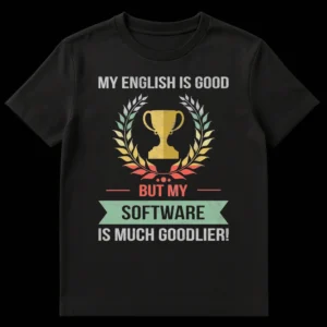 Vintage style black t-shirt with 'My English is Good, but My Software is Much Goodlier!' text and a distressed trophy/laurel wreath design. on Black t-shirt