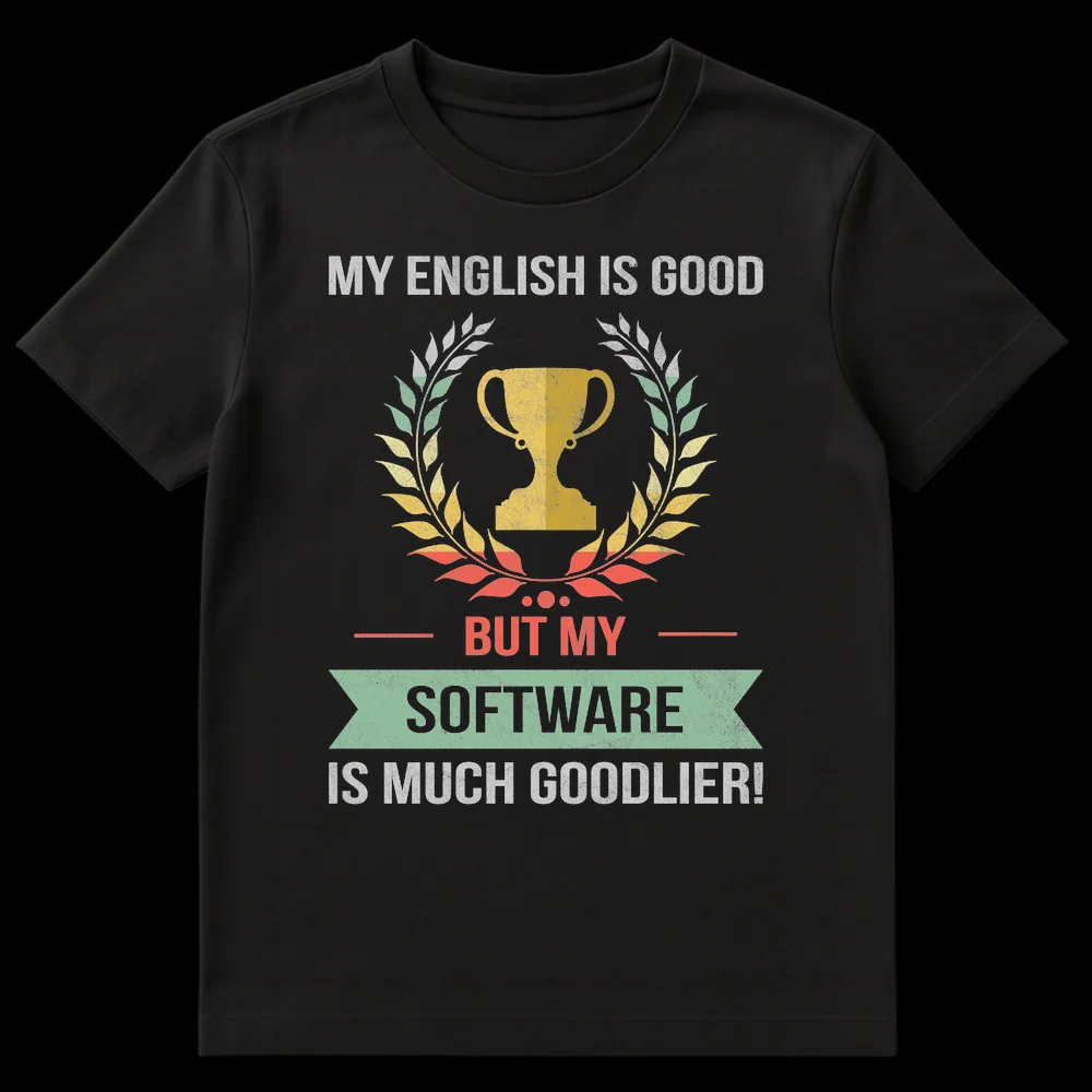 Vintage style black t-shirt with 'My English is Good, but My Software is Much Goodlier!' text and a distressed trophy/laurel wreath design. on Black t-shirt
