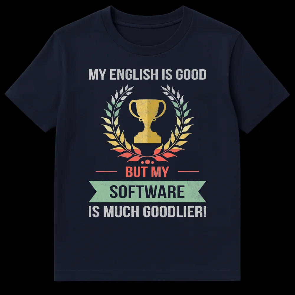 Vintage style black t-shirt with 'My English is Good, but My Software is Much Goodlier!' text and a distressed trophy/laurel wreath design. on Navy Blue t-shirt