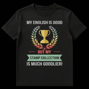 Distressed vintage t-shirt with text 'MY ENGLISH IS GOOD BUT MY STAMP COLLECTION IS MUCH GOODLIER!' and a central trophy graphic, celebrating stamp collecting hobby. on Black t-shirt
