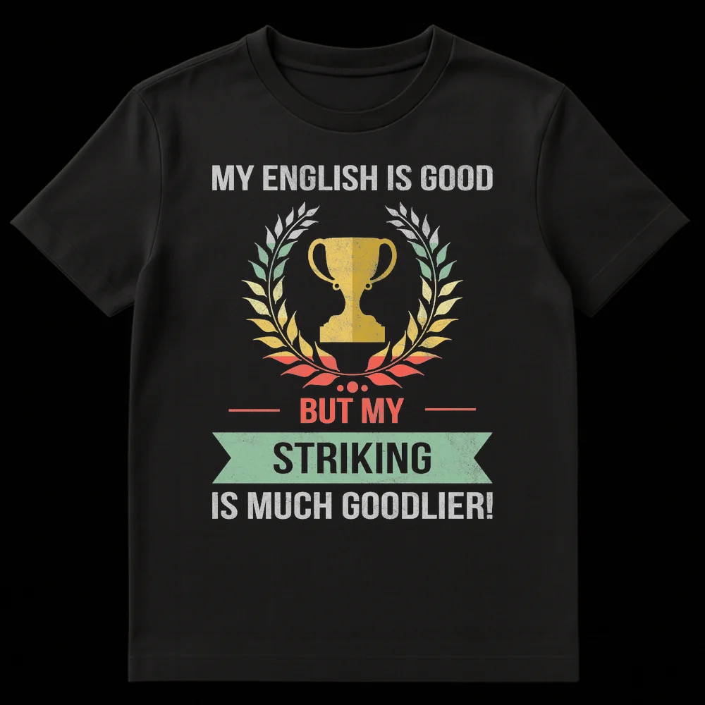 Vintage distressed t-shirt with a trophy, laurel wreath, and banner, reading 'MY ENGLISH IS GOOD BUT MY STRIKING IS MUCH GOODLIER!' on Black t-shirt