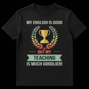 Vintage distressed t-shirt with text 'MY ENGLISH IS GOOD BUT MY TEACHING IS MUCH GOODLIER!' a trophy and laurel wreath for teachers. on Black t-shirt