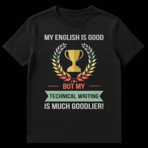 Vintage distressed black t-shirt with 'MY ENGLISH IS GOOD BUT MY TECHNICAL WRITING IS MUCH GOODLIER!' text, a trophy, and laurel wreath. on Black t-shirt