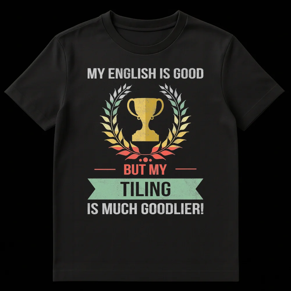Humorous t-shirt for tilers with 'My English Is Good But My Tiling Is Much Goodlier!' text and trophy graphic in distressed vintage style. on Black t-shirt