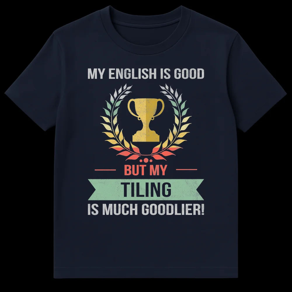 Humorous t-shirt for tilers with 'My English Is Good But My Tiling Is Much Goodlier!' text and trophy graphic in distressed vintage style. on Navy Blue t-shirt