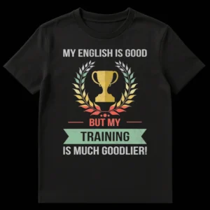 Vintage distressed black t-shirt with 'My English Is Good But My Training Is Much Goodlier!' text and trophy emblem on Black t-shirt