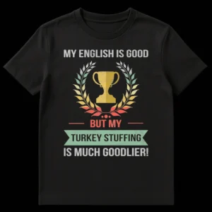 T-shirt with distressed retro typography: MY ENGLISH IS GOOD — BUT MY — TURKEY STUFFING IS MUCH GOODLIER! Features a trophy and laurel wreath design. on Black t-shirt