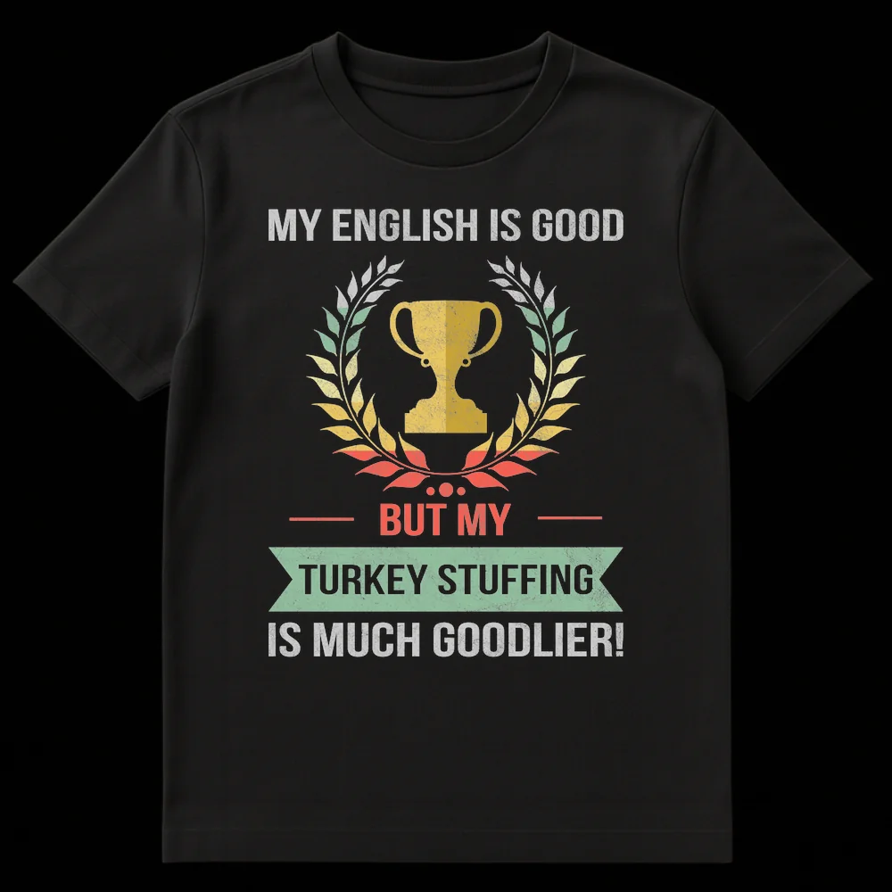 T-shirt with distressed retro typography: MY ENGLISH IS GOOD — BUT MY — TURKEY STUFFING IS MUCH GOODLIER! Features a trophy and laurel wreath design. on Black t-shirt