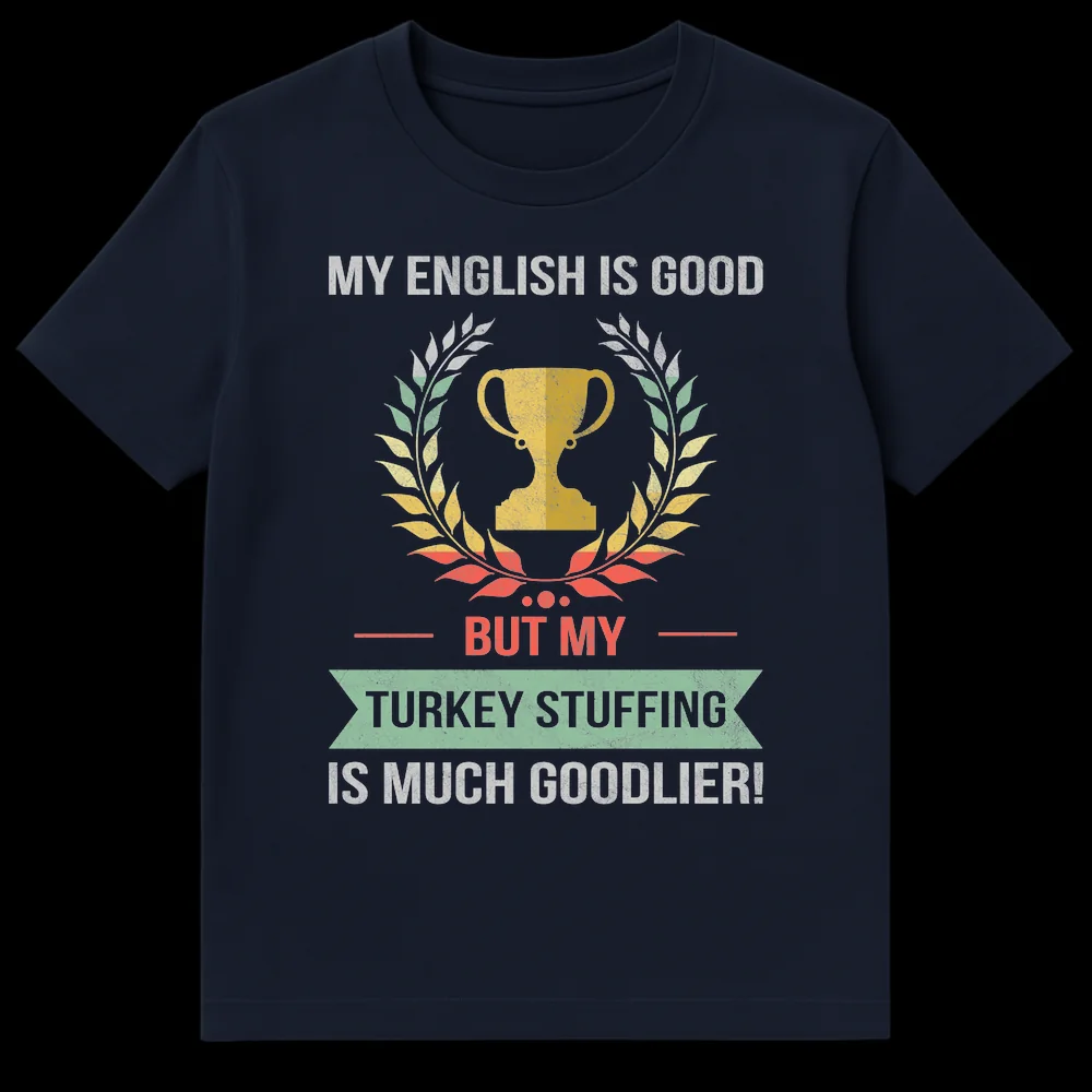 T-shirt with distressed retro typography: MY ENGLISH IS GOOD — BUT MY — TURKEY STUFFING IS MUCH GOODLIER! Features a trophy and laurel wreath design. on Navy Blue t-shirt