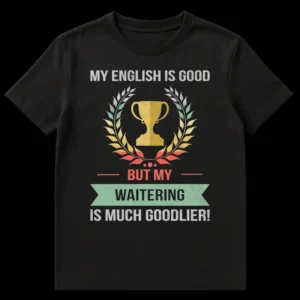 Distressed vintage t-shirt design with a golden trophy and laurel wreath, featuring the text 'MY ENGLISH IS GOOD — BUT MY — WAITERING IS MUCH GOODLIER!' on Black t-shirt