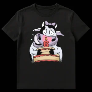 Cartoon cow holding birthday cake with number 6 candle looking stressed on Black t-shirt