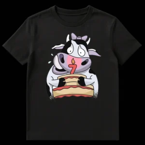 Cute cartoon cow holding a birthday cake with a number 7 candle, expressing excitement for a 7th birthday celebration. on Black t-shirt