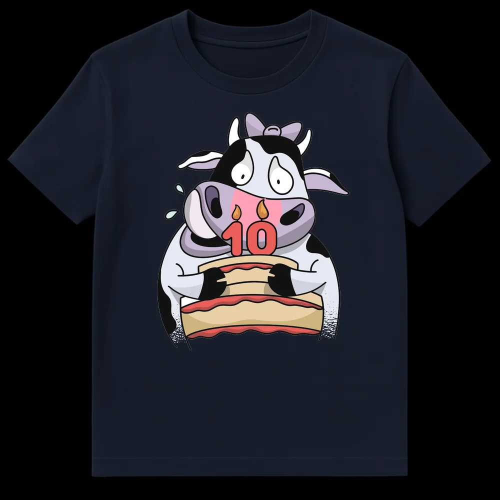 Cartoon cow holding a birthday cake with '10' candles, looking anxious. Text '10' is visible. on Navy Blue t-shirt