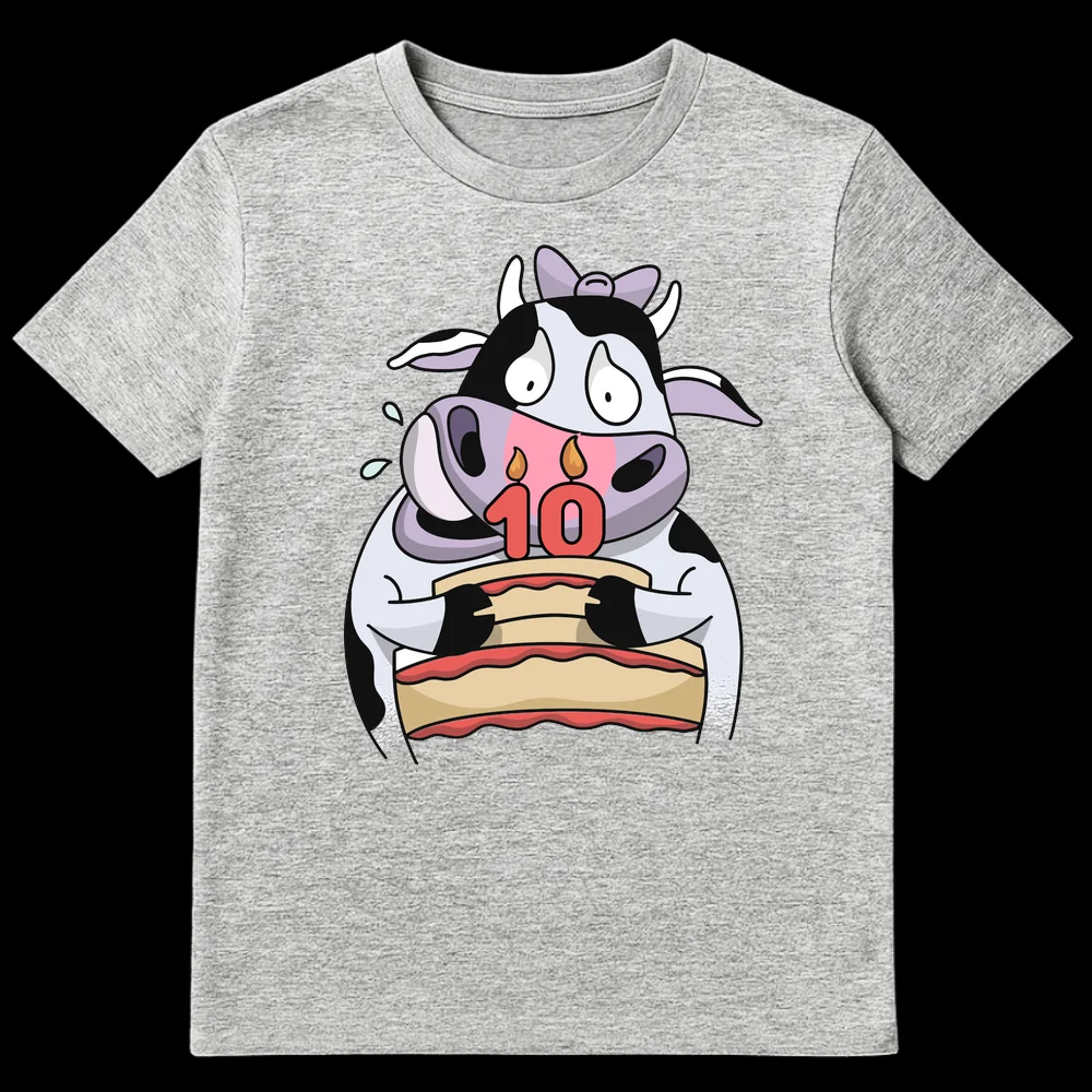 Cartoon cow holding a birthday cake with '10' candles, looking anxious. Text '10' is visible. on Sports Grey t-shirt