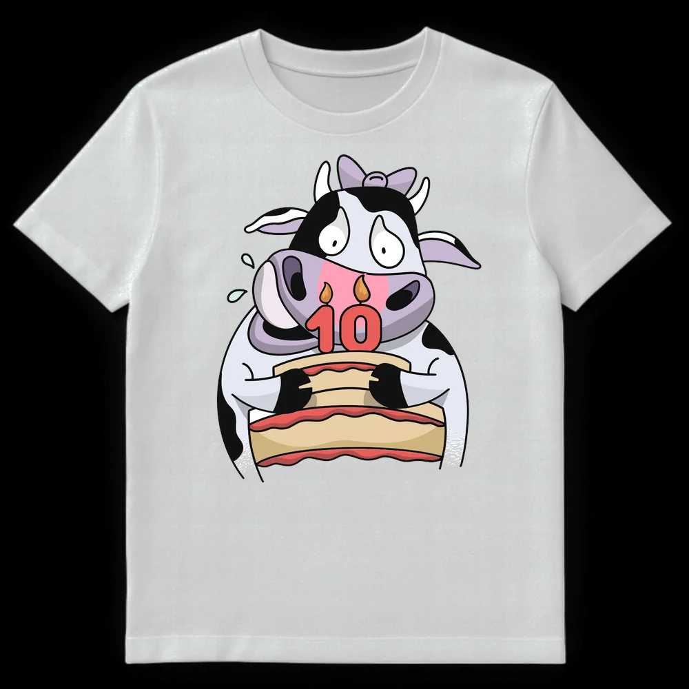 Cartoon cow holding a birthday cake with '10' candles, looking anxious. Text '10' is visible. on White t-shirt