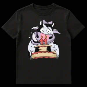 Cartoon Holstein cow holding an 11th birthday cake with sweat drops, implying "Moo is 11" pun, for 11-year-old birthday on Black t-shirt