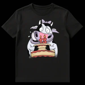 Cartoon Holstein cow holding a birthday cake with '13' candles, showing an anxious expression with sweat drops. A funny 13th birthday gift t-shirt. on Black t-shirt