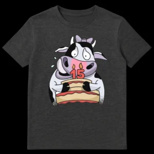 Cartoon cow with bow, distressed, looking panicked at a birthday cake with '15' candles, with sweat drops, on a dark gray background. on Dark Heather t-shirt