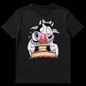 Sweet Sixteen Cow Birthday T-Shirt with an anxious cartoon cow holding a cake with '16' candles on a black background on Black t-shirt