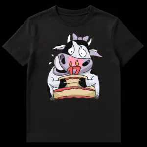 Cartoon Holstein cow holding a birthday cake with '17' candles, looking anxious and sweating, on a black background. Design for 17th birthday. on Black t-shirt