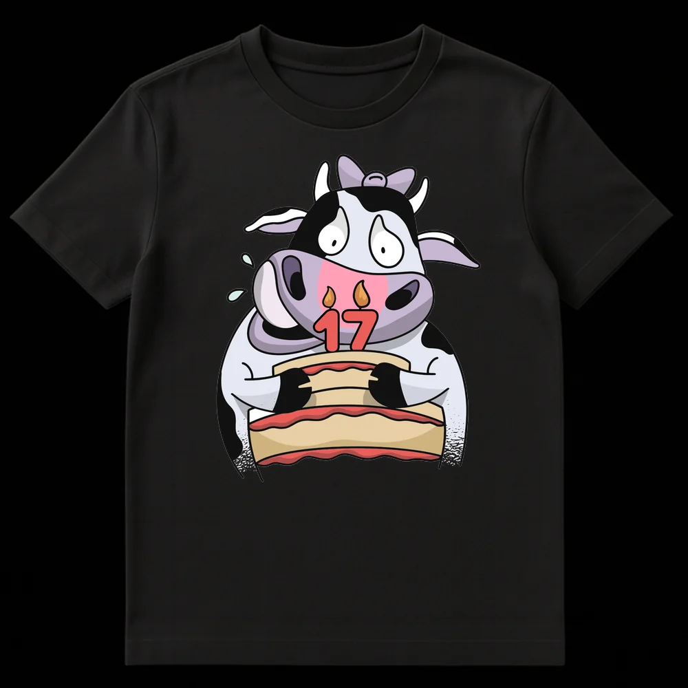 Cartoon Holstein cow holding a birthday cake with '17' candles, looking anxious and sweating, on a black background. Design for 17th birthday. on Black t-shirt