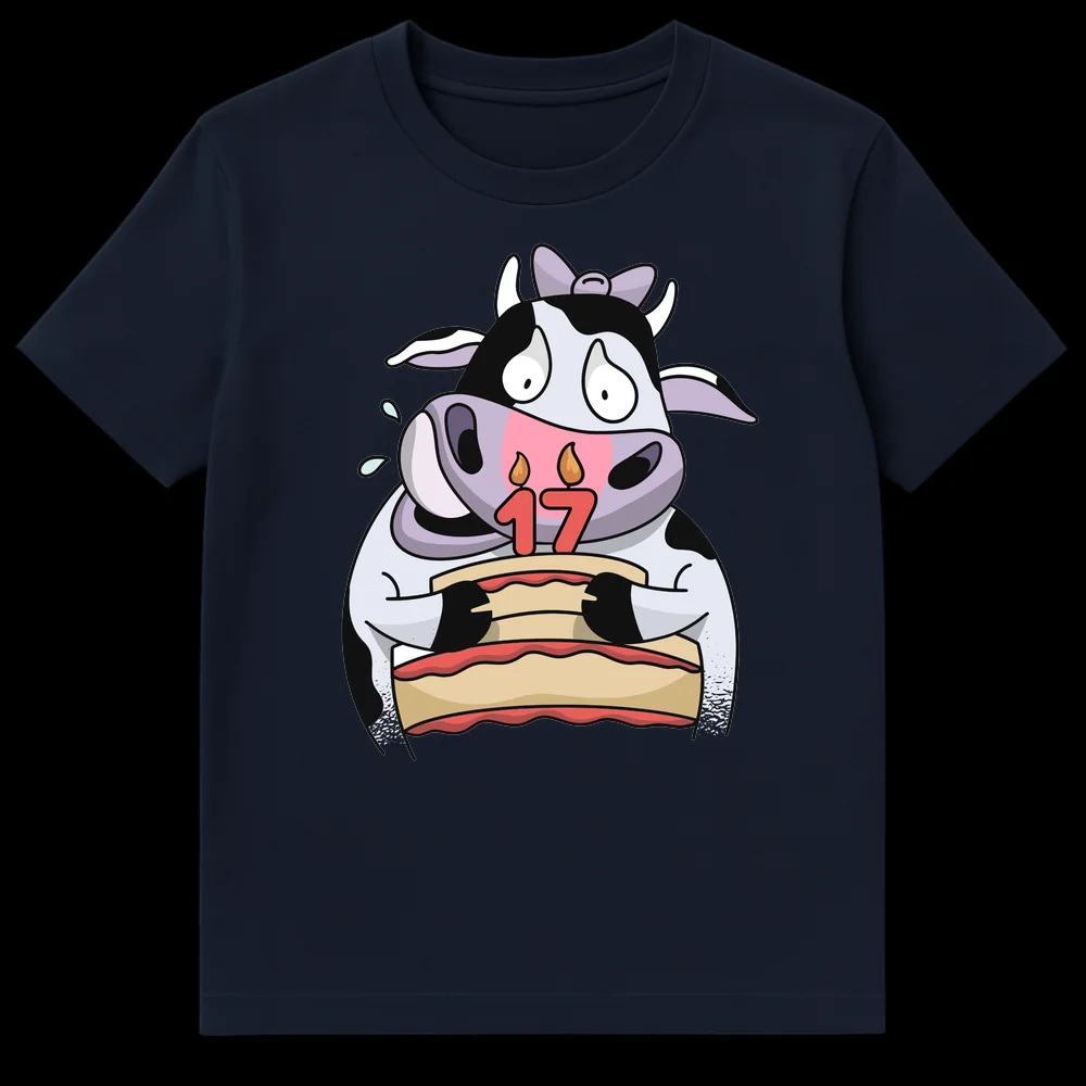 Cartoon Holstein cow holding a birthday cake with '17' candles, looking anxious and sweating, on a black background. Design for 17th birthday. on Navy Blue t-shirt