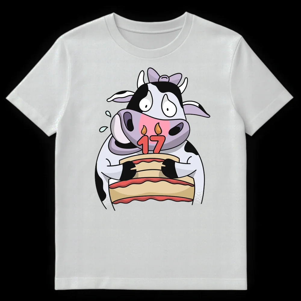 Cartoon Holstein cow holding a birthday cake with '17' candles, looking anxious and sweating, on a black background. Design for 17th birthday. on White t-shirt