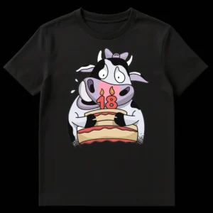 Cartoon cow holding birthday cake with '18' candles on a t-shirt on Black t-shirt