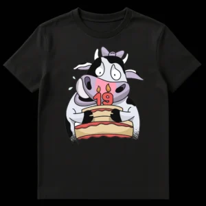 Cute cartoon cow with purple bow holding a birthday cake with two lit candles forming the number 19, drooling slightly with anticipation on a black t-shirt. on Black t-shirt